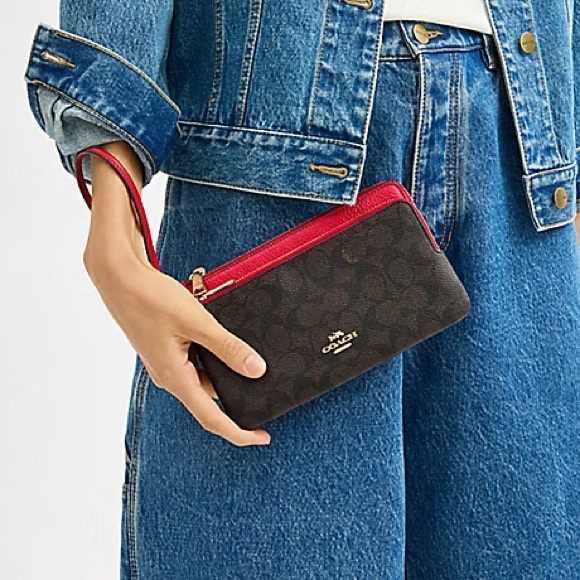 NWT Coach Double Zip Wallet Wristlet Signature Canvas Denim Red CX161 - Picture 2 of 8